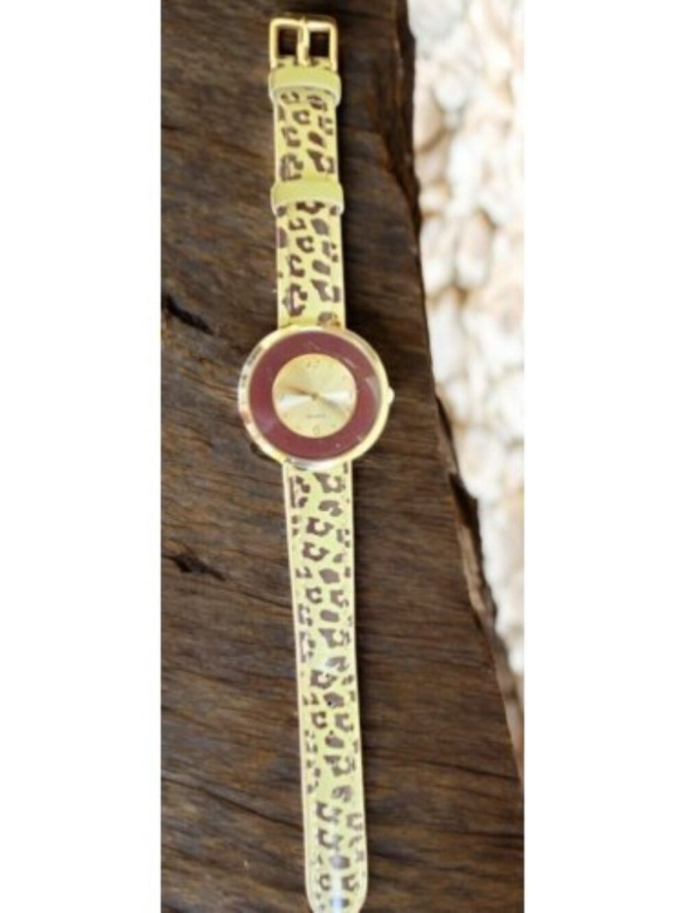 Vintage AVON Yellow Brown Animal Print Vinyl Band Ladies Quartz Watch
